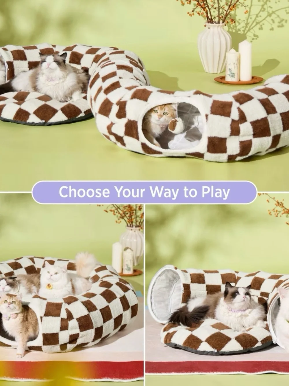 BEDSURE Plush Checkered Cat Tunnel & Bed 🏁🤎🐾🐈